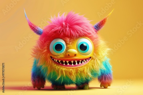 Neon-lit 3D cute monster in bright magenta and cyan, boasting a dynamic and imaginative design.