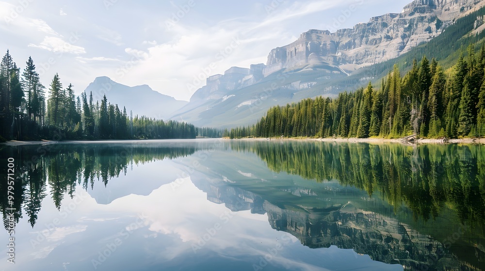 Naklejka premium A Calm Lake Surrounded by Pine Trees and Mountains, with the Reflection of the Landscape Perfectly Mirrored in the Still Water