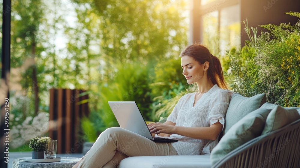 A Woman Enjoying Summer Day on Garden Sofa, Laptop on Modern Terrace, Relaxing Outdoors at Home or Resort A Woman Enjoying Summer Day on Garden Sofa, Laptop on Modern Terrace, Relaxing Outdoors at Home or Resort