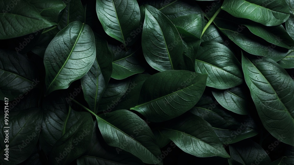 Obraz premium Dense overlapping dark green leaves with prominent veins