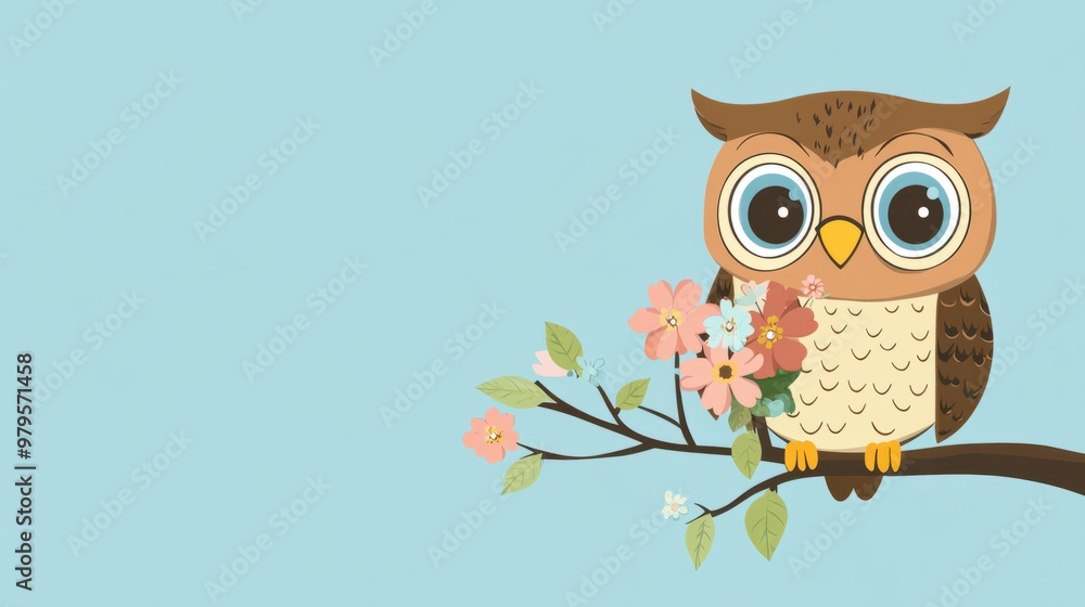 Obraz premium A cheerful owl cartoon holding a bouquet of flowers, perched on a branch, isolated on a pastel blue background.
