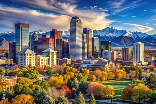 Vibrant cityscape of Denver, Colorado, with modern skyscrapers, historic architecture, and majestic Rocky Mountain peaks rising in the background under a bright blue sky. photo