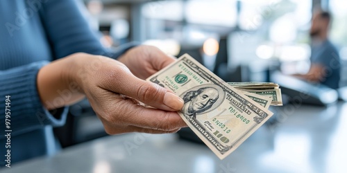 A bank teller handing cash to a customer, Ultra HD, 8K, HDR, detailed money bills, clear expressions, bright lighting, clean bank interior