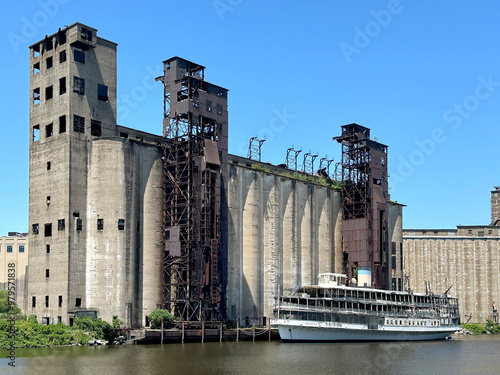 Historic Vintage Industrial Grain Elevator Building Factory fro Shipping on Waterfront Canal in Buffalo, NY