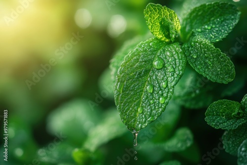 mint essential oil drips from leaves in an invigorating and revitalizing concept banner
