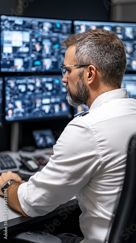 A security guard monitoring surveillance cameras inside the bank, Ultra HD, 4K, HDR, modern security room with multiple screens