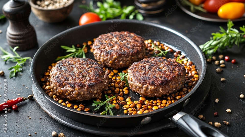 Pan-fried buckwheat and burgers on table Pan-fried buckwheat and burgers on table