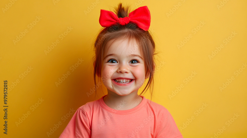 Smiling young girl with a red bow, expressing joy and happiness, representing a cheerful childhood. Smiling young girl with a red bow, expressing joy and happiness, representing a cheerful childhood.