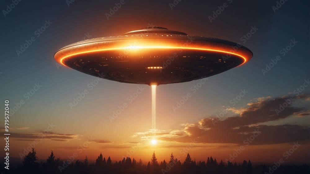 Disc shaped ufo hovering at sunset with glowing lights Disc shaped ufo hovering at sunset with glowing lights