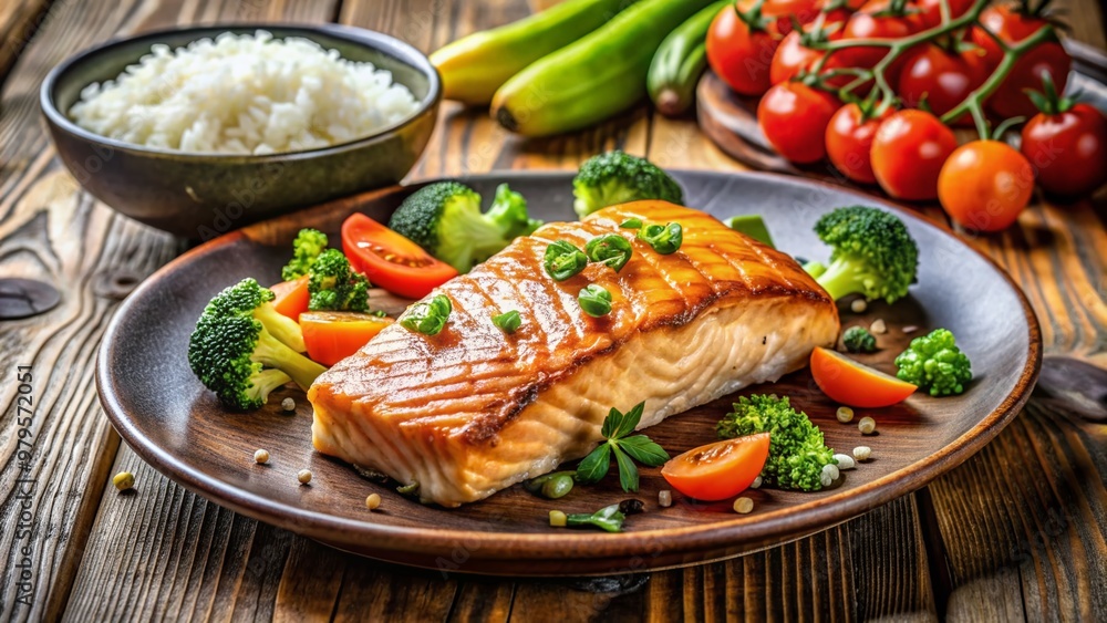 Freshly grilled salmon steak served on a rustic plate with a side of flavorful rice and steamed vegetables, exuding warm and comforting culinary appeal. Freshly grilled salmon steak served on a rustic plate with a side of flavorful rice and steamed vegetables, exuding warm and comforting culinary appeal.
