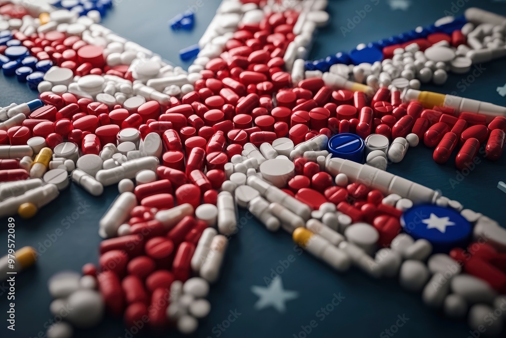 Obraz premium Art Concept of Brexit about pharmaceutical sector. European Medicines Agency. UK shape made of drugs over UK flag. 3D Rendering with generative ai