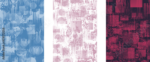 Set of posters with glitch distorted grunge texture. Poster collection texture with halftone dots, glitched shapes, textures and lines .Screen print vector poster pack with grunge textured surface