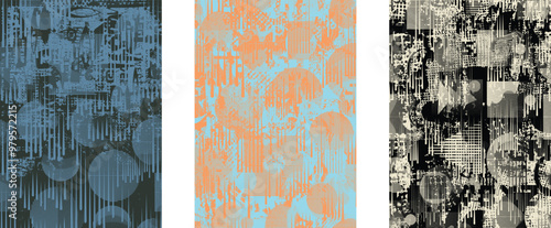Set of posters with glitch distorted grunge texture. Poster collection texture with halftone dots, glitched shapes, textures and lines .Screen print vector poster pack with grunge textured surface