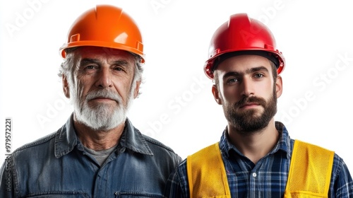 Old and young construction worker face side-by-side front view isolated white background editorial portrait photography high resolution