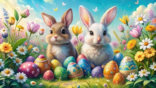 Vibrant, colorful Easter drawings featuring bunnies, eggs, and flowers, showcasing creative illustrations of springtime festivities and joyful celebrations on white and pastel backgrounds.