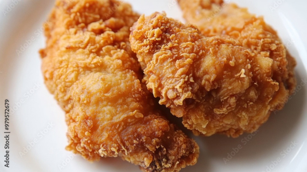 Detailed close-up top view photograph of crispy fried chicken with golden-brown texture on a white plate showcasing crispy edges and juicy interior Detailed close-up top view photograph of crispy fried chicken with golden-brown texture on a white plate showcasing crispy edges and juicy interior