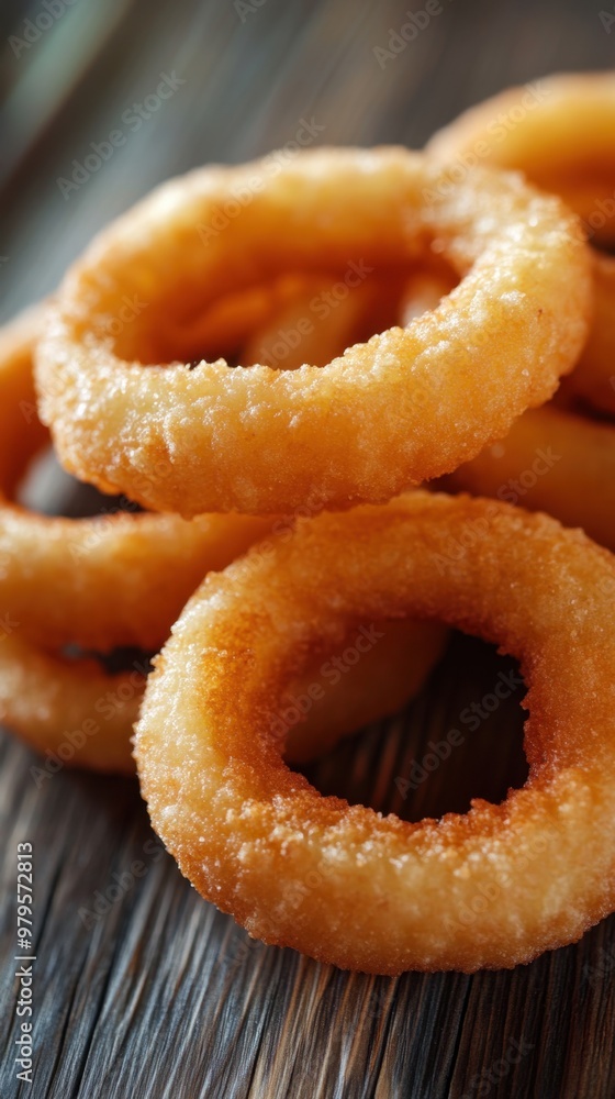 Detailed close-up top view photograph of crispy onion rings with a light golden-brown coating on a rustic wooden table emphasizing texture and freshness Detailed close-up top view photograph of crispy onion rings with a light golden-brown coating on a rustic wooden table emphasizing texture and freshness