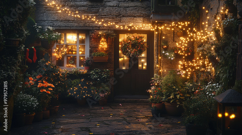 A cozy cottage in Yorkshire, decorated with Christmas lights, and filled with plants. photo