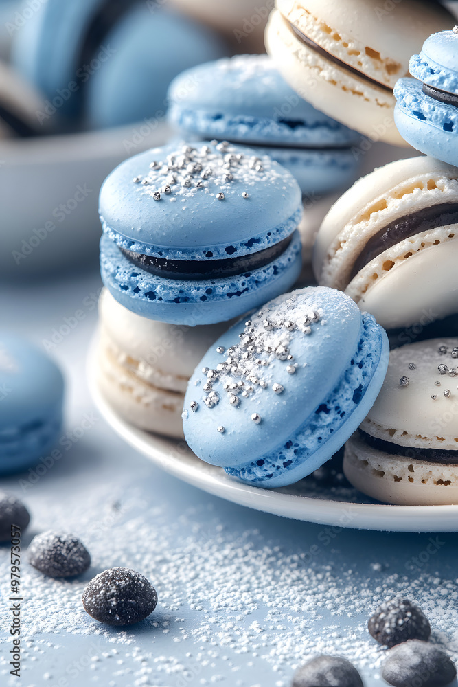 Fototapeta premium Assortment of macarons resembling a winter landscape, in shades of pastel blue and white with silver dust, on a soft gray canvas.