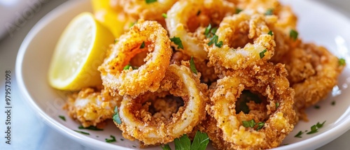 Detailed close-up top view photograph of crispy fried calamari with a light golden crust served on a white plate highlighting texture and crispiness photo