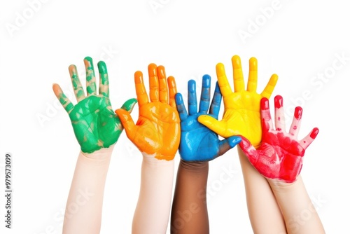 Color painted diversity child hands finger glove white background.
