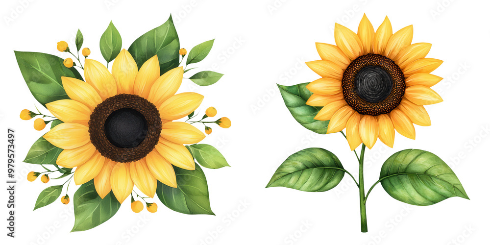 Vibrant sunflower illustrations featuring bright petals and green leaves, perfect for cheerful designs and nature-inspired projects. Vibrant sunflower illustrations featuring bright petals and green leaves, perfect for cheerful designs and nature-inspired projects.