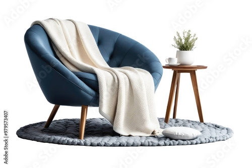 Single armchair draped in a soft blanket, complemented by a round pillow, central in full body isolation against a stark white background, high-quality stock photograph, vivid colors photo