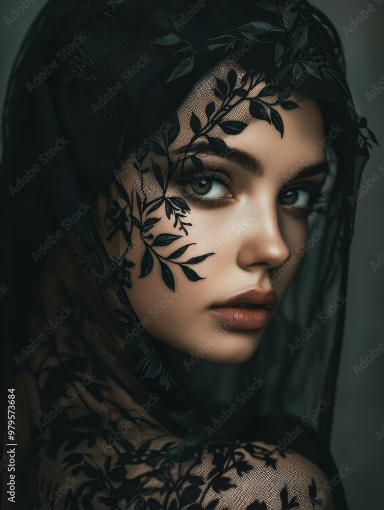 A woman with a black veil on her head. The veil has leaves on it. The woman has a very pretty face A woman with a black veil on her head. The veil has leaves on it. The woman has a very pretty face