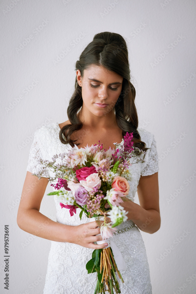 Studio, woman and bouquet of flowers for wedding, special day and confidence for getting married. Female person, bride and floral bunch by white background for ceremony, marriage event and commitment Studio, woman and bouquet of flowers for wedding, special day and confidence for getting married. Female person, bride and floral bunch by white background for ceremony, marriage event and commitment