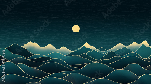 A computer generated image of a mountain range with a large moon in the sky