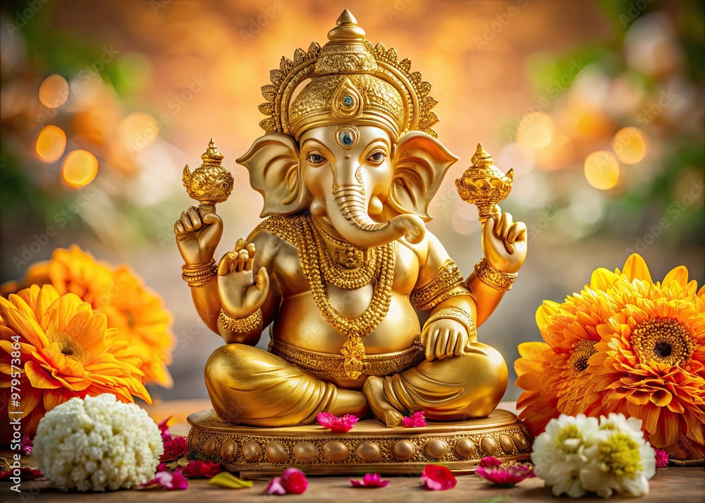 Vibrant golden idol of revered Hindu deity Ganesh, adorned with intricate carvings, flowers, and sacred threads, set against a serene, creamy background. Vibrant golden idol of revered Hindu deity Ganesh, adorned with intricate carvings, flowers, and sacred threads, set against a serene, creamy background.