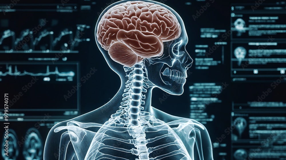 A detailed futuristic holographic X-ray scan showcasing the human brain and spine, highlighting advanced medical imaging and technology concepts. A detailed futuristic holographic X-ray scan showcasing the human brain and spine, highlighting advanced medical imaging and technology concepts.