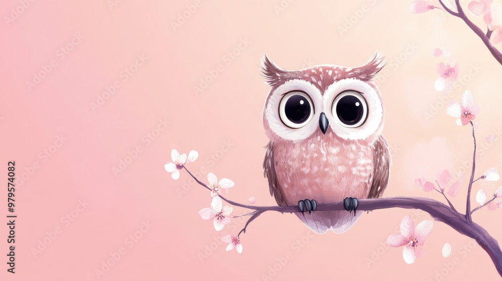 Fototapeta premium A cute cartoon owl with big eyes perched on a branch, isolated on a soft pastel pink background.