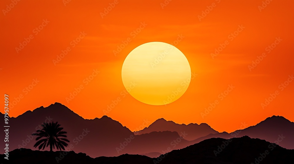 A silhouetted palm tree stands tall against the vivid orange of a sunset, with mountains fading into the horizon. A silhouetted palm tree stands tall against the vivid orange of a sunset, with mountains fading into the horizon.