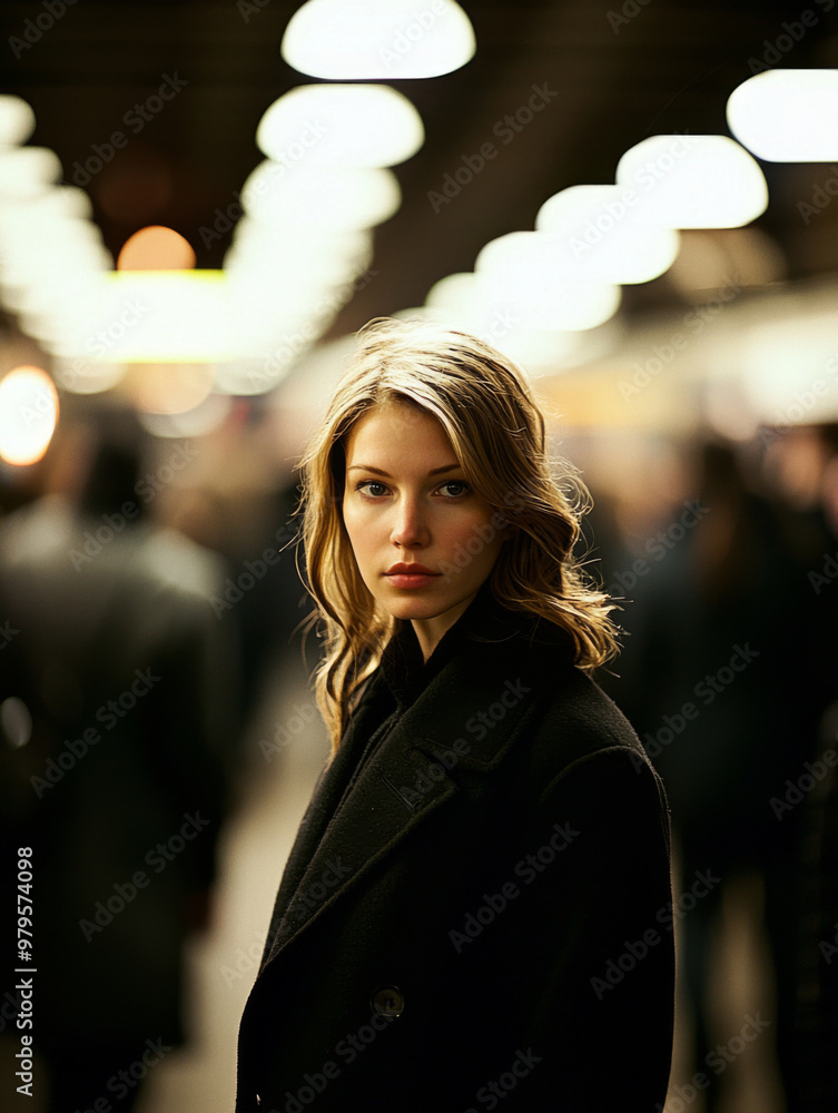 Fototapeta premium A woman in a black coat stands in a crowded subway station