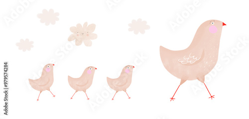 Mama Bird Walking with Her Babies. Cute Big Hen and Little Chickens. Hand Drawn Nursery Vector Art with Birds and Clouds on a White Backgrounds. Farm Animal Print. Kids' Room Decoration. 
