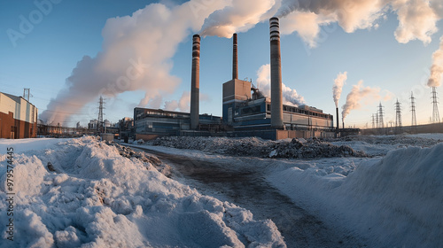 Industrial landscape with a large power plant emitting smoke through tall chimneys, surrounded by snow-covered ground and pylons.