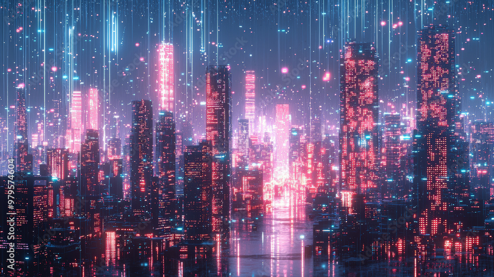 A vibrant cyberpunk cityscape illuminated by neon lights and holographic elements creates futuristic atmosphere. skyline is filled with towering skyscrapers, reflecting blend of technology and urban l A vibrant cyberpunk cityscape illuminated by neon lights and holographic elements creates futuristic atmosphere. skyline is filled with towering skyscrapers, reflecting blend of technology and urban l