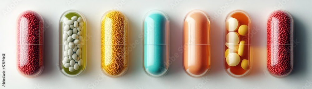Vitamins and minerals in artistic pill arrangements, futuristic design, 3D illustration Vitamins and minerals in artistic pill arrangements, futuristic design, 3D illustration