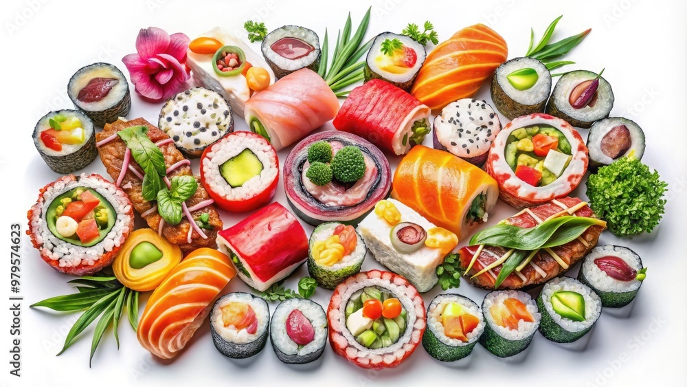 Vibrant illustration of assorted sushi rolls, sashimi, and maki on a stark white background, showcasing intricate linework and playful textures in a whimsical Japanese-inspired design. Vibrant illustration of assorted sushi rolls, sashimi, and maki on a stark white background, showcasing intricate linework and playful textures in a whimsical Japanese-inspired design.
