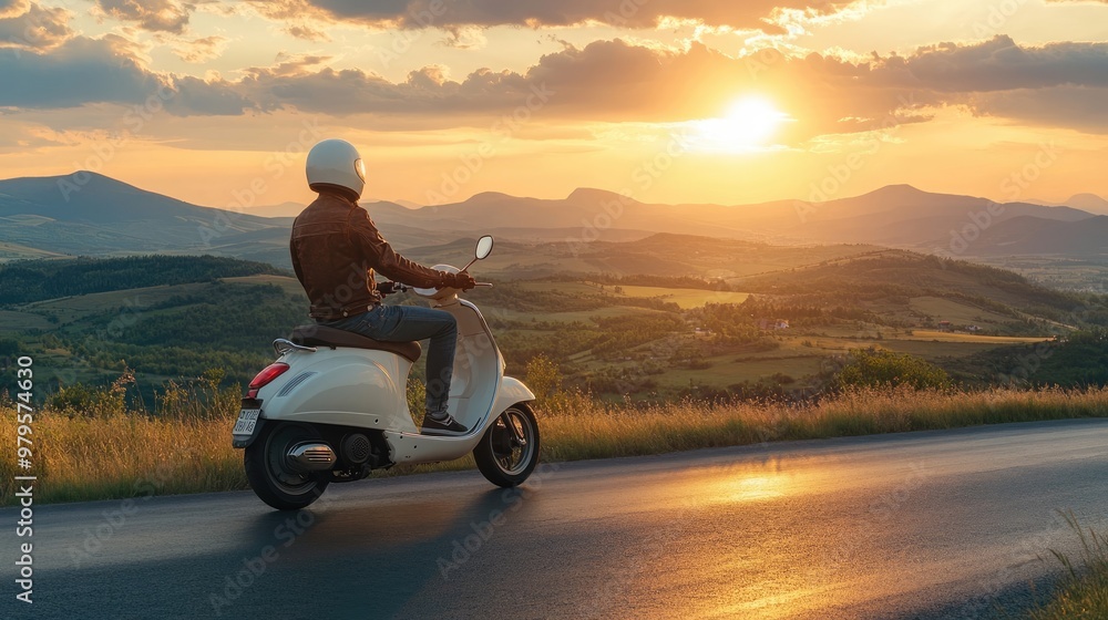 A Man on Scooter Racing Down a Country Road at Sunset, Vespa Motorcycle and Beautiful Rolling Hills in the Background
