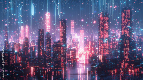 A vibrant cyberpunk cityscape illuminated by neon lights and holographic elements creates futuristic atmosphere. skyline is filled with towering skyscrapers, reflecting blend of technology and urban l