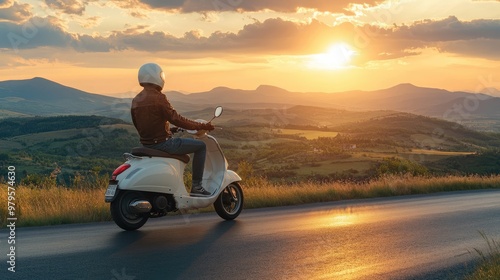 Obraz na płótnie A Man on Scooter Racing Down a Country Road at Sunset, Vespa Motorcycle and Beautiful Rolling Hills in the Background w salonie