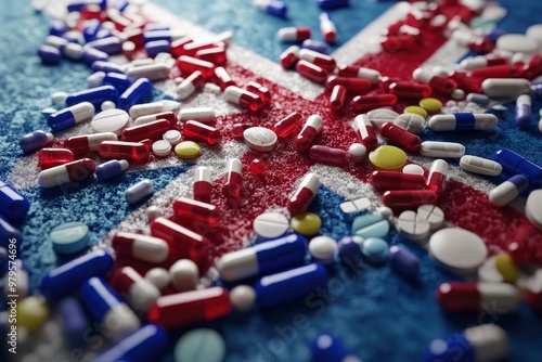 Art Concept of Brexit about pharmaceutical sector. European Medicines Agency. UK shape made of drugs over UK flag. 3D Rendering with generative ai