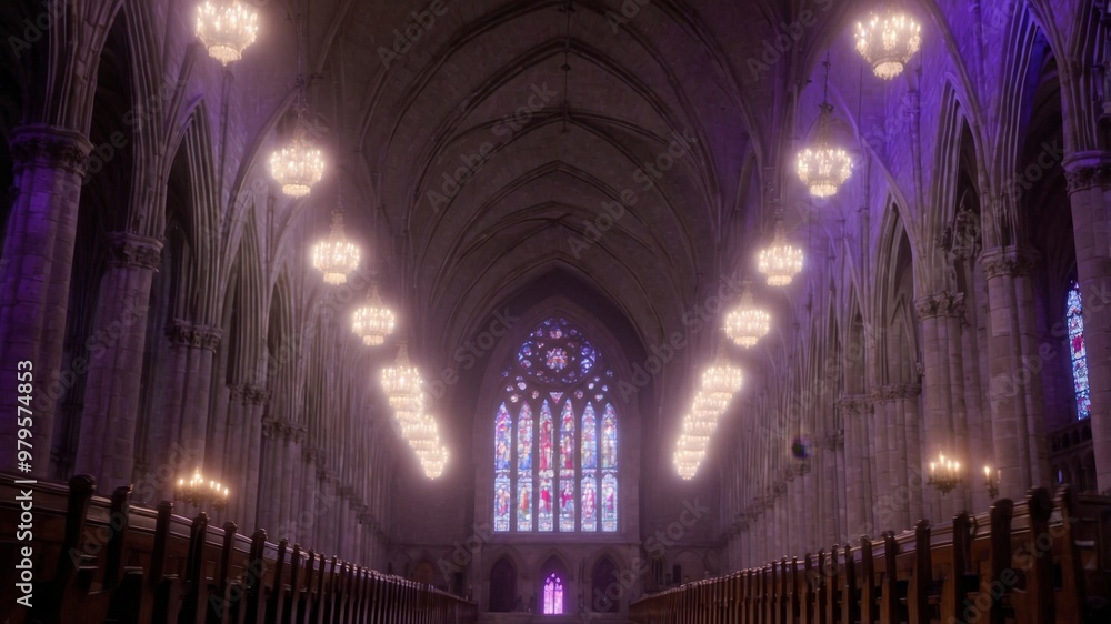 Ethereal interior of cathedral with arched vaults and pews Ethereal interior of cathedral with arched vaults and pews