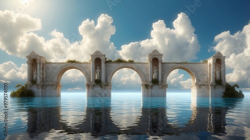 Ethereal ancient marble arches reflecting in water photo