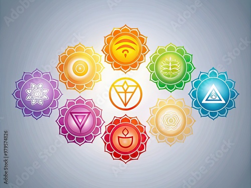 Vibrant, intricately designed Sanskrit symbols of the seven chakras, including the root, sacral, solar plexus, heart, throat, third eye, and crown, on a subtle gradient background. photo