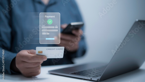 Digital online payment concept. Business people using computer laptop, online payment, banking.Online Money Transfer Confirmed.Concept of e-commerce and online banking, payment transfer.