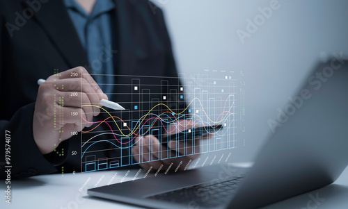 Businessman touch virtual screen displaying the KPI icon representing key performance indicators concept in management and business intelligence metrics used measure achievement versus planned target