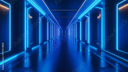 A dimly lit corridor with blue neon lights and a black floor. Dimly Lit. Illustration